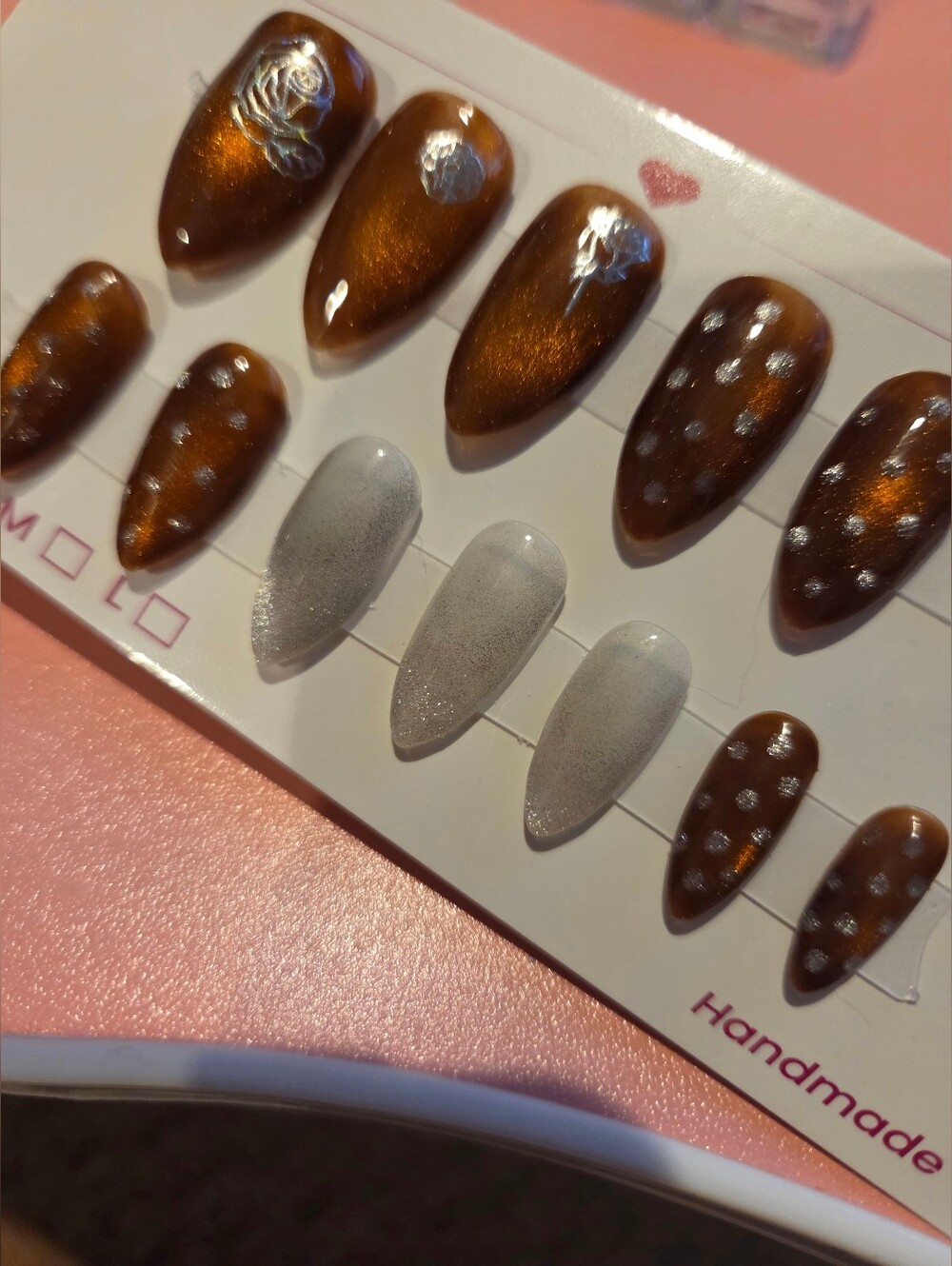Handmade Amber and Silver Cat Eye Press-On Nail Set - Floral Accent